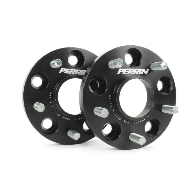 Pair of PERRIN 20mm wheel spacers featuring a 5x114.3 bolt pattern and 64.1mm hub-centric bore.