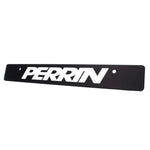 Black PERRIN license plate delete with logo installed on a 2018-2021 Subaru Crosstrek front bumper.