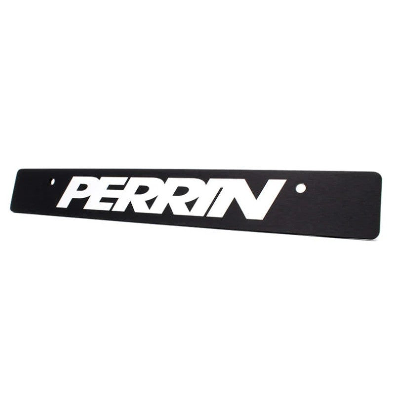 Black PERRIN license plate delete with logo installed on a 2018-2021 Subaru Crosstrek front bumper.