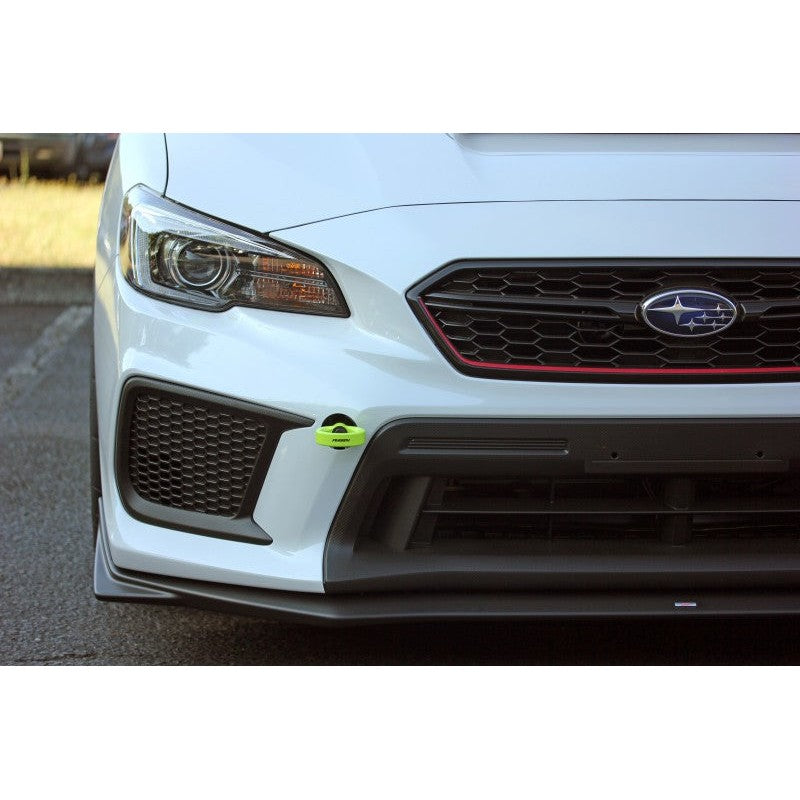 Neon yellow PERRIN front tow hook kit for Subaru BRZ, WRX, STI, and Toyota 86