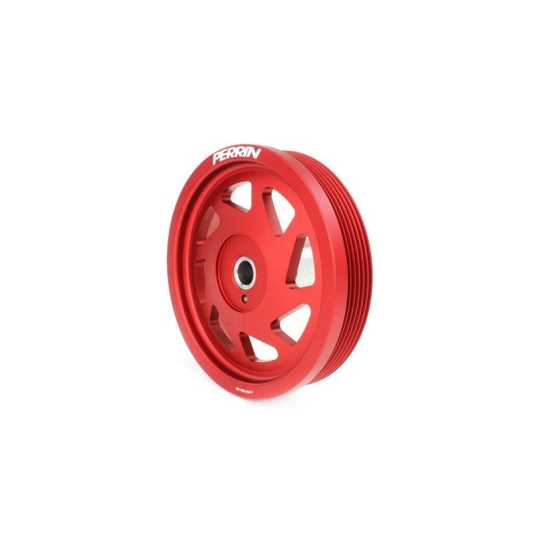 Red anodized PERRIN lightweight aluminum crank pulley for Subaru engines