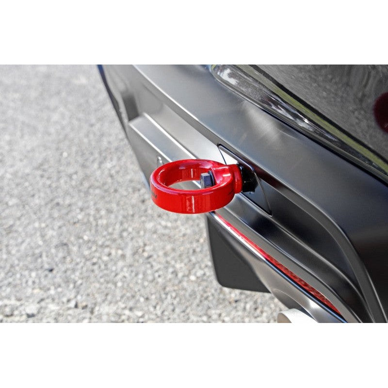 Red PERRIN rear tow hook kit with threaded mounting stem for 2020-2025 Toyota Supra.