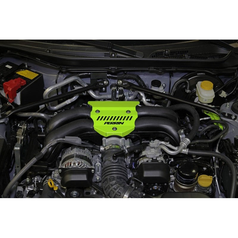 Neon yellow PERRIN engine cover for 2022-2025 Subaru BRZ and Toyota GR86