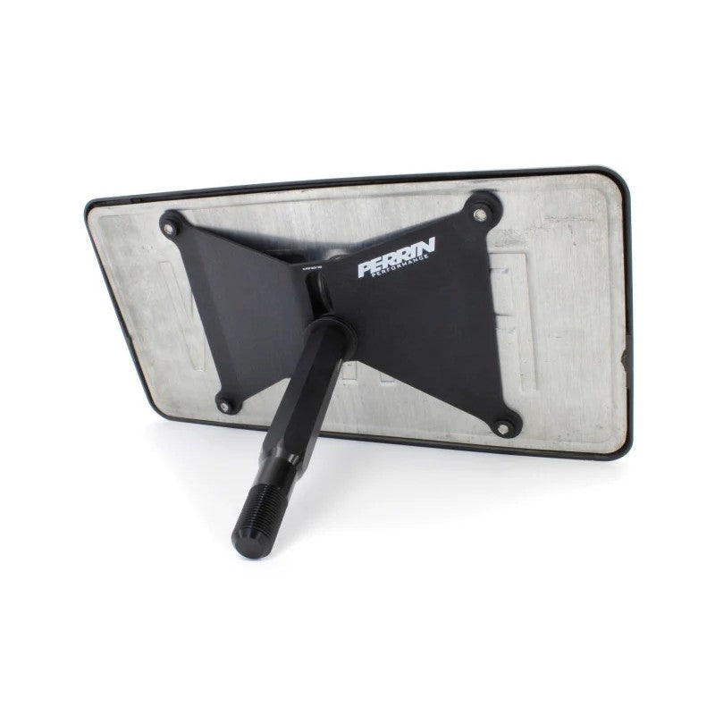 PERRIN black powder-coated license plate relocation bracket with tow hook mounting stem and stainless hardware.