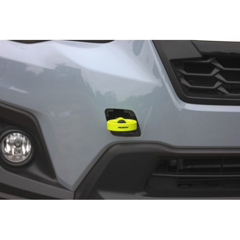 Neon Yellow PERRIN front tow hook kit with threaded mounting stem for 2018-2026 Subaru WRX and Crosstrek.