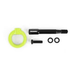Neon yellow PERRIN rear tow hook kit with a CNC machined aluminum ring and threaded steel mounting shaft.