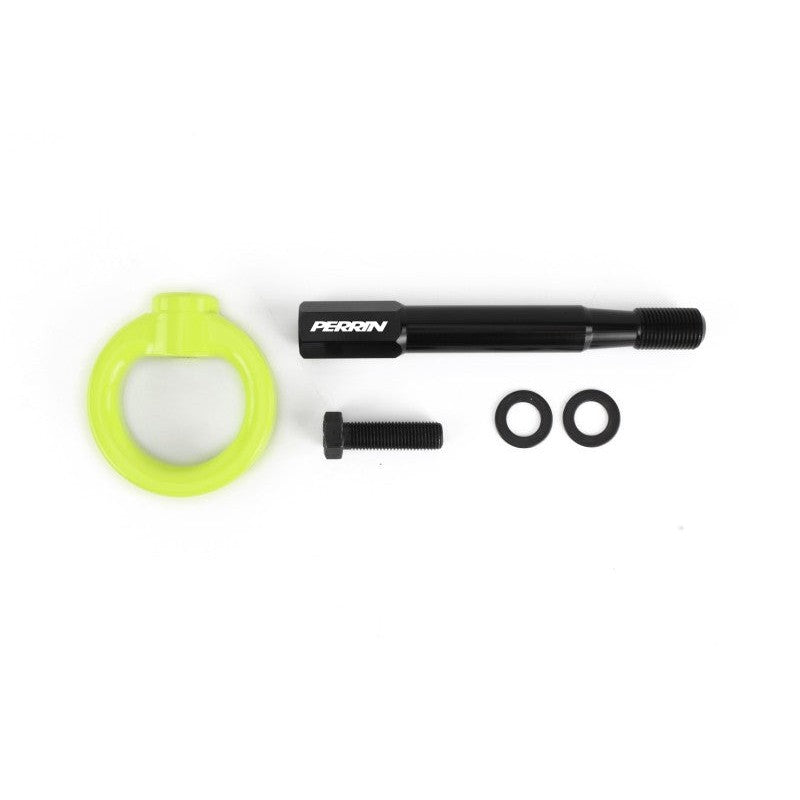 Neon yellow PERRIN rear tow hook kit with a CNC machined aluminum ring and threaded steel mounting shaft.