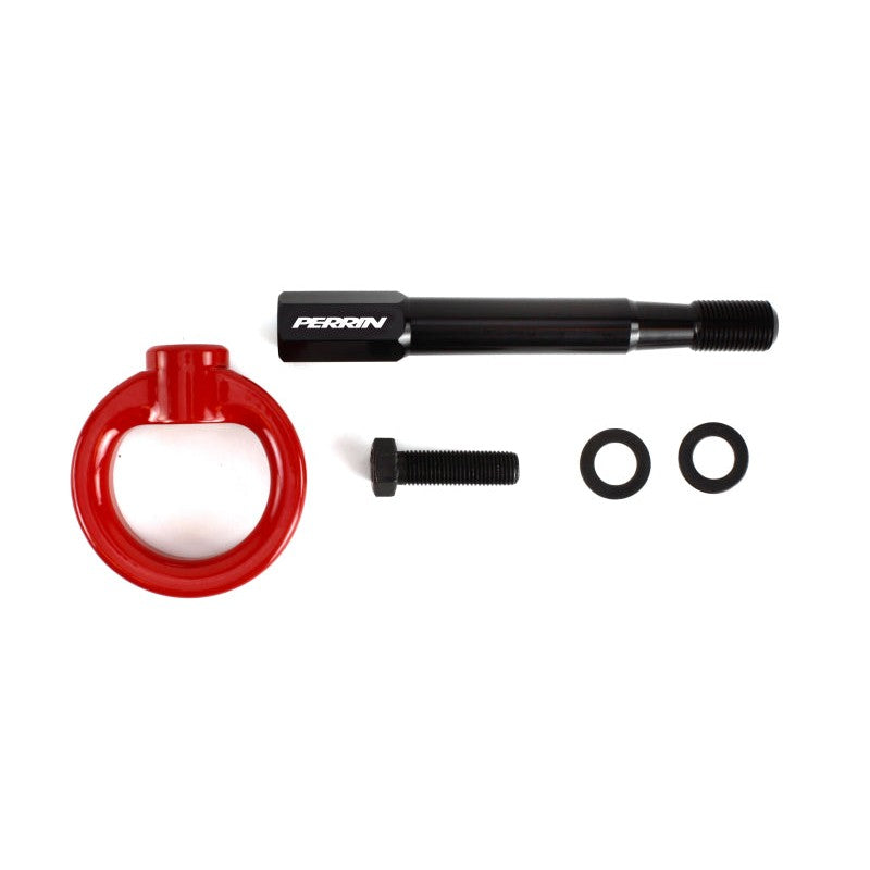Red PERRIN rear tow hook with a black threaded mounting stem for Subaru WRX and Crosstrek.