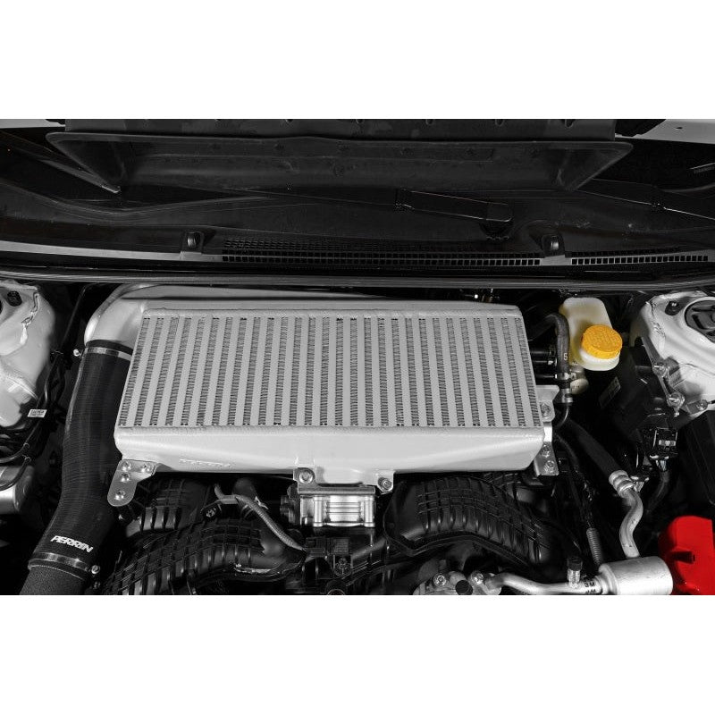 Silver PERRIN top mount intercooler for turbocharged 2019-2026 Subaru WRX, Ascent, Outback, and Legacy models