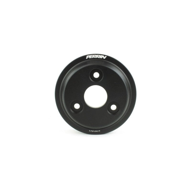 PERRIN black lightweight water pump pulley with precision-machined cutouts for Subaru engines.