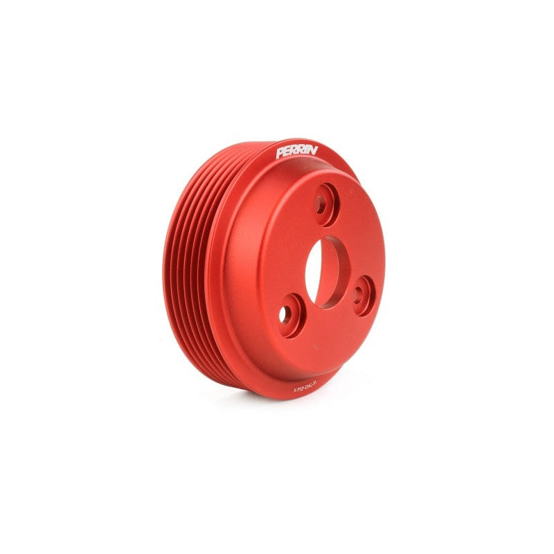 Red anodized PERRIN lightweight aluminum water pump pulley for 2020-2026 Subaru WRX, Crosstrek, and Legacy models.