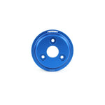 Blue anodized PERRIN lightweight aluminum water pump pulley for 2020-2026 Subaru vehicles.