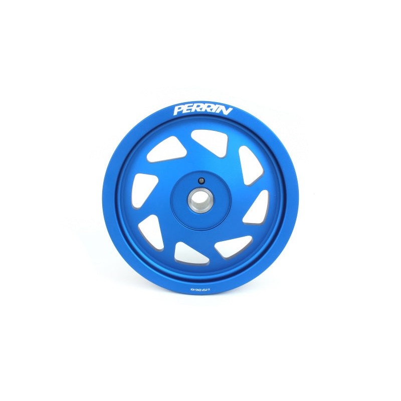 Blue anodized PERRIN lightweight aluminum crank pulley for Subaru and Toyota engines