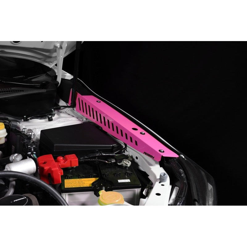 A pair of PERRIN Hyper Pink powder-coated aluminum fender shrouds for the 2022-2026 Subaru WRX.