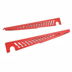 Pair of PERRIN red powder-coated aluminum fender shrouds for the 2022-2026 Subaru WRX engine bay.