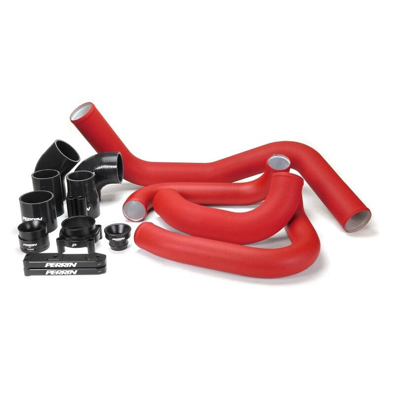 Red powder-coated mandrel-bent aluminum intercooler boost tubes with black silicone couplers and T-bolt clamps
