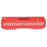 Red powder-coated aluminum PERRIN short pulley cover for 2022-2026 Subaru WRX with AOS clearance.