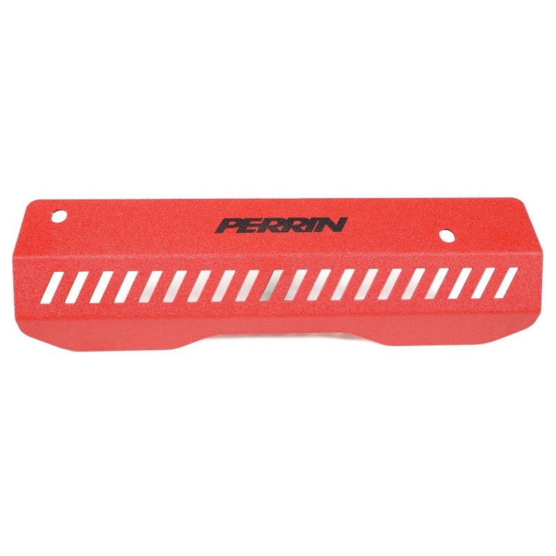 Red powder-coated aluminum PERRIN short pulley cover for 2022-2026 Subaru WRX with AOS clearance.