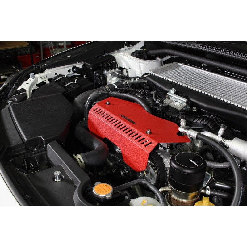 Red powder-coated PERRIN Tall Pulley Cover for 2022-2026 Subaru WRX