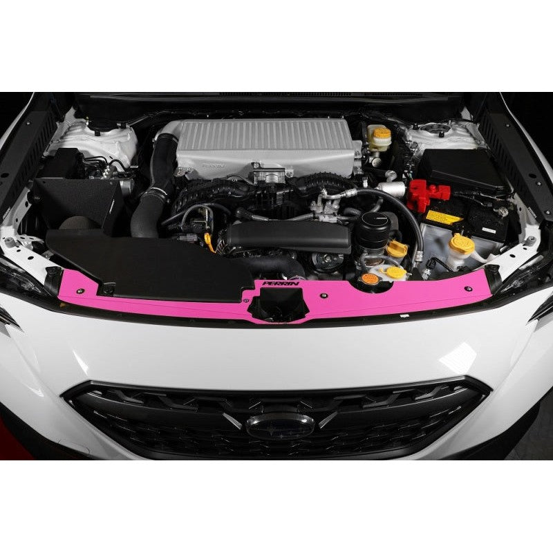 Hyper Pink PERRIN radiator shroud with logo cutout for 2022-2026 Subaru WRX