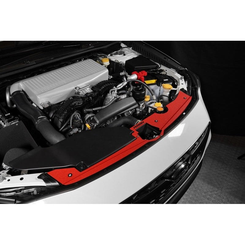 Red powder-coated PERRIN aluminum radiator shroud for 2022-2026 Subaru WRX