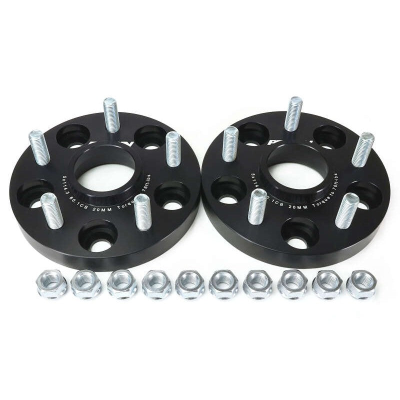 PERRIN 20mm black wheel spacers with 5x114.3 bolt pattern and 60.1mm hub-centric bore.