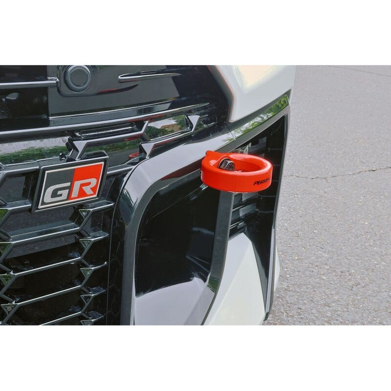 Red PERRIN front tow hook for 2023-2026 Toyota GR Corolla.
