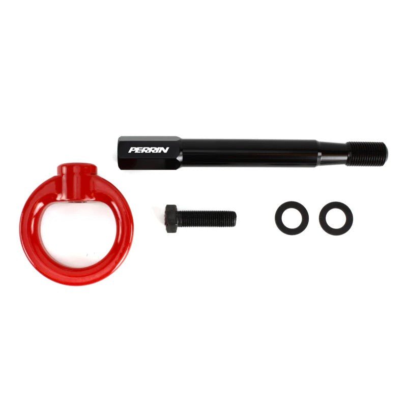 Red PERRIN front tow hook kit and mounting hardware for 2025-2026 Subaru Forester.