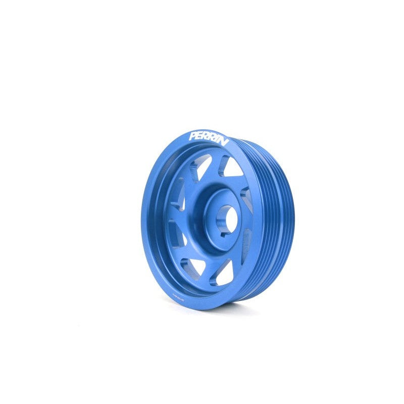 Blue anodized aluminum PERRIN lightened crank pulley with laser-etched timing marks