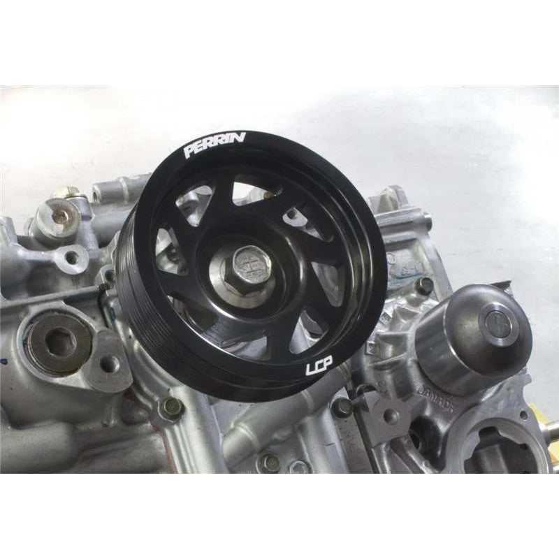 Black PERRIN lightened aluminum crank pulley for 2002-2014 Subaru Impreza WRX