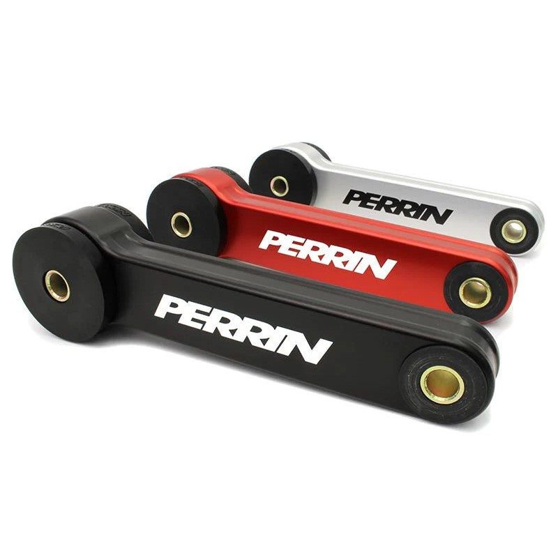 Silver anodized PERRIN billet aluminum pitch stop mount for Subaru engine stabilization.