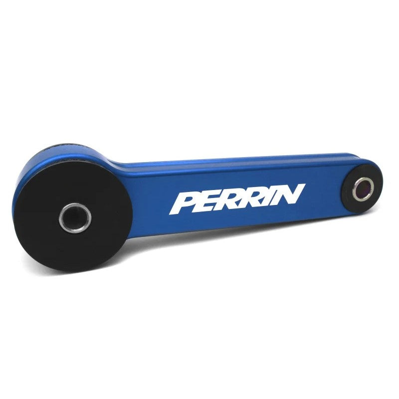 Blue anodized PERRIN pitch stop mount with high-durometer bushings for Subaru drivetrain stabilization.