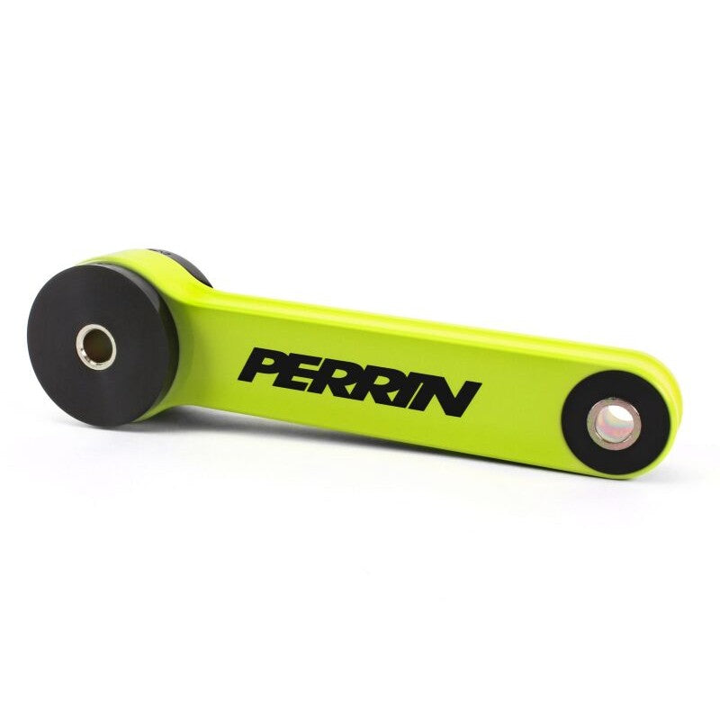 Yellow PERRIN performance pitch stop mount for Subaru engine and transmission stabilization.