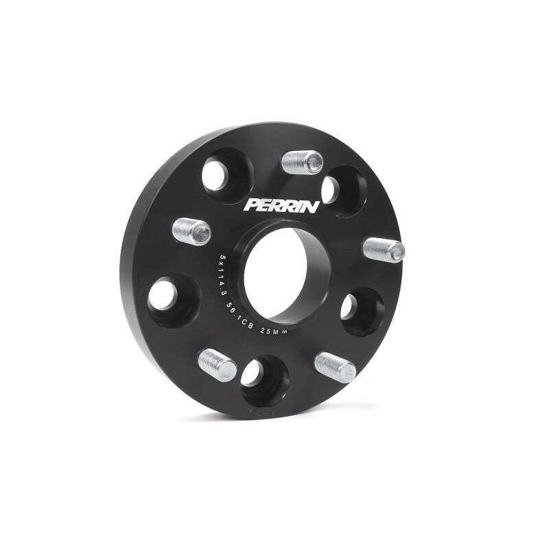 Black PERRIN 25mm wheel spacers with a 5x114.3 bolt pattern and 56mm hub-centric bore.