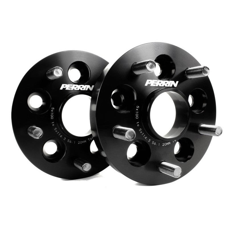 Pair of PERRIN 20mm bolt-on wheel adapters converting 5x100 to 5x114.3 with 56mm hub bore and pre-installed studs.