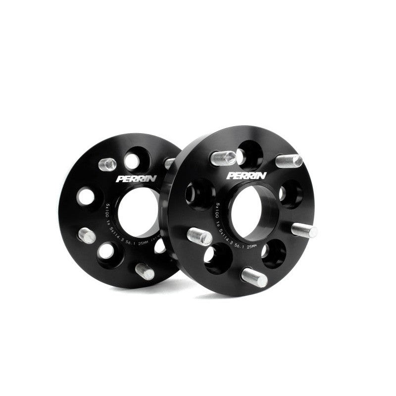 Pair of PERRIN 25mm bolt-on wheel adapters for 5x100 to 5x114.3 bolt pattern conversion with 56mm hub-centric rings.