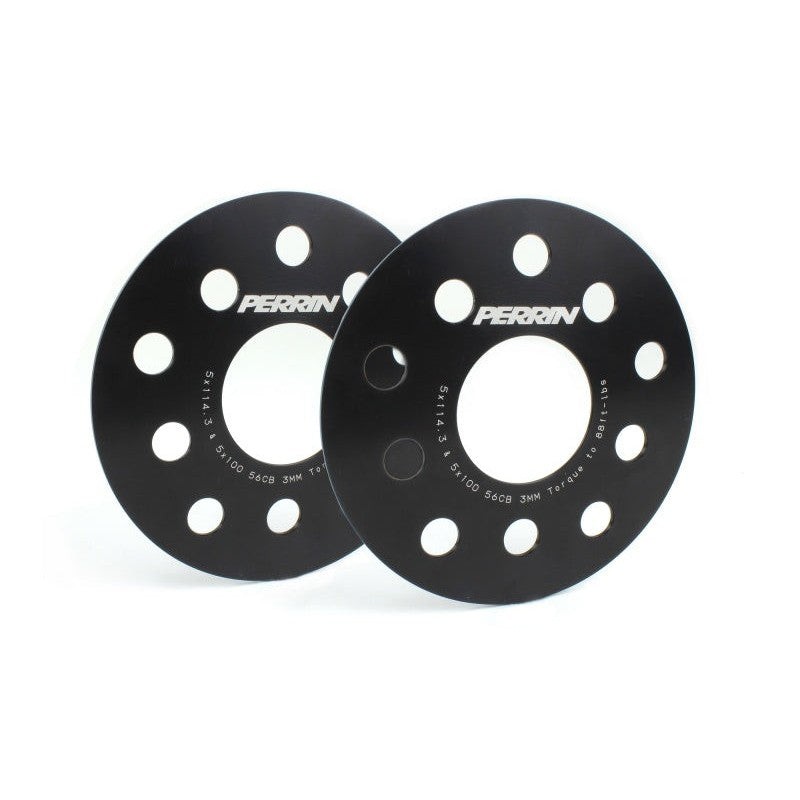 Pair of black PERRIN 3mm slip-on wheel spacers showing dual 5x114.3 and 5x100 bolt patterns and 56mm center bore.