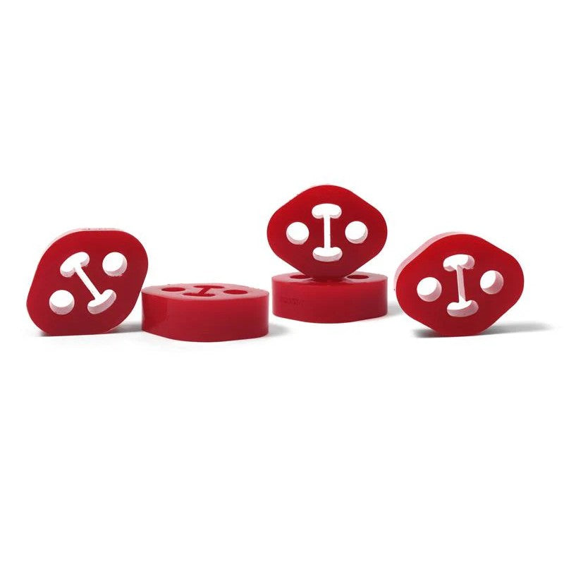 Red PERRIN 12mm ID exhaust hanger with a 1.5 inch hole offset for exhaust system alignment.