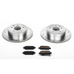 Power Stop Z23 Evolution Sport rear brake kit (K103) featuring zinc-plated drilled and slotted rotors and Z23 pads.