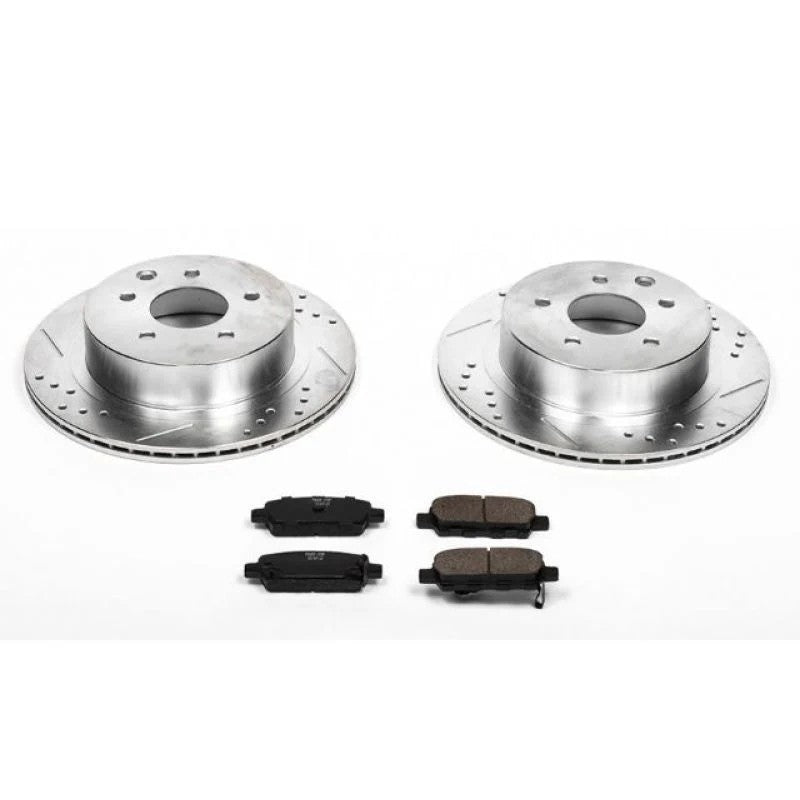 Power Stop Z23 Evolution Sport rear brake kit (K103) featuring zinc-plated drilled and slotted rotors and Z23 pads.