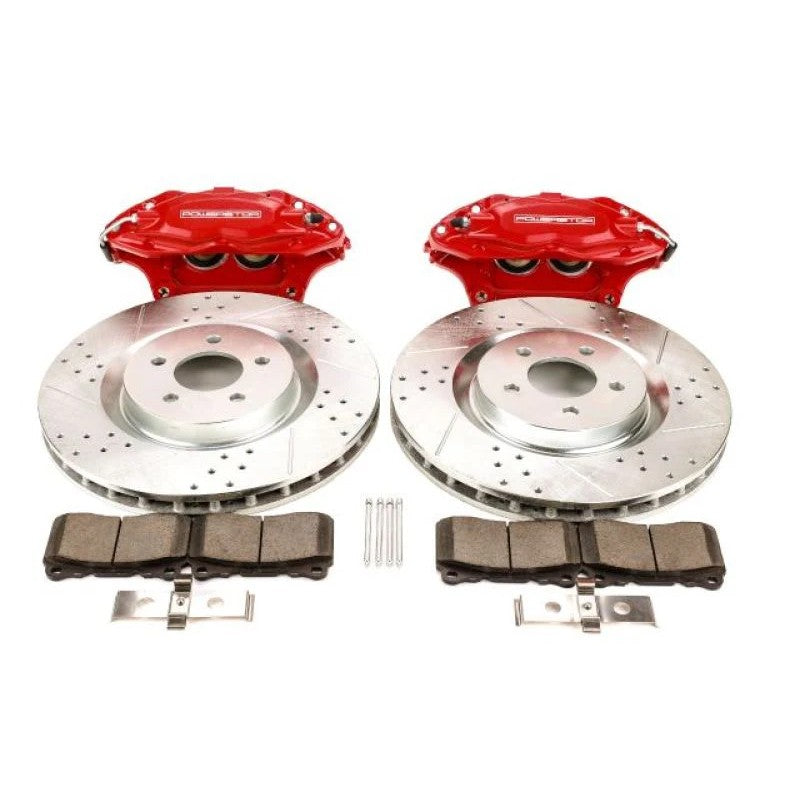 Power Stop Z26 big brake kit with red 4-piston calipers, 14-inch drilled and slotted rotors, and braided stainless hoses.