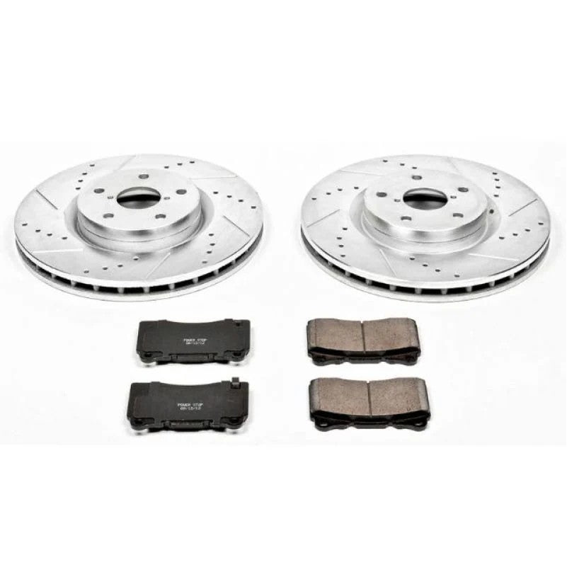 Power Stop Z23 Evolution Sport front brake kit K131 featuring drilled and slotted rotors with carbon-fiber ceramic pads.