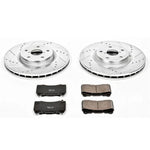Power Stop Z23 Evolution Sport front brake kit K131 featuring drilled and slotted rotors with carbon-fiber ceramic pads.