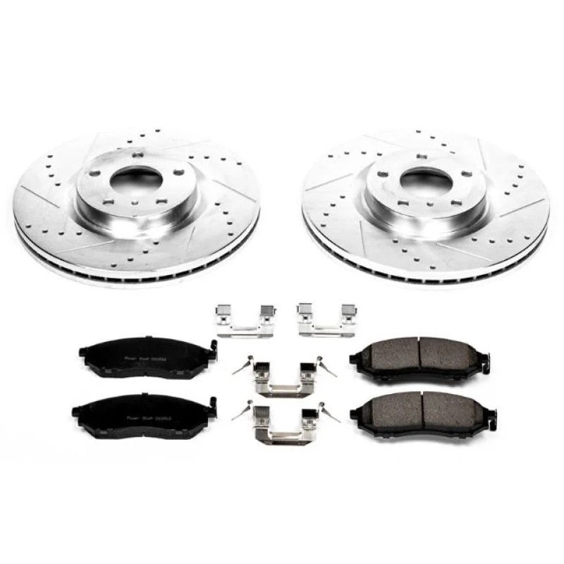 Power Stop Z23 Evolution Sport front brake kit K112 with zinc-plated drilled and slotted rotors and ceramic pads.