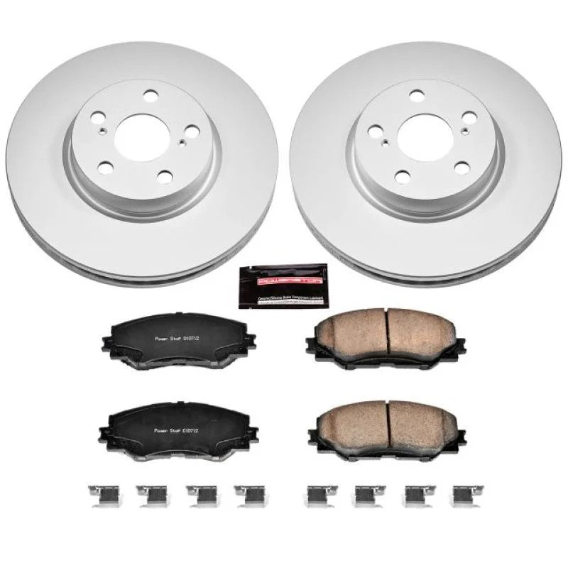 Power Stop Z17 Evolution front brake kit with two Geomet coated rotors, ceramic brake pads, and stainless steel hardware.