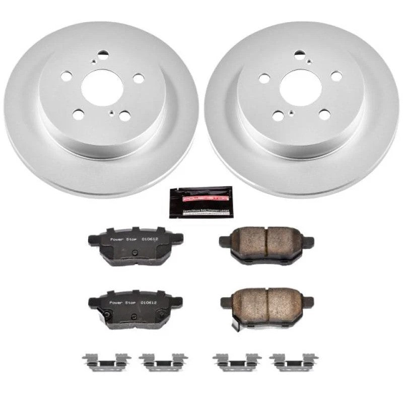 Power Stop CRK4736 Z17 Evolution Rear Brake Kit including coated rotors, ceramic pads, and hardware.