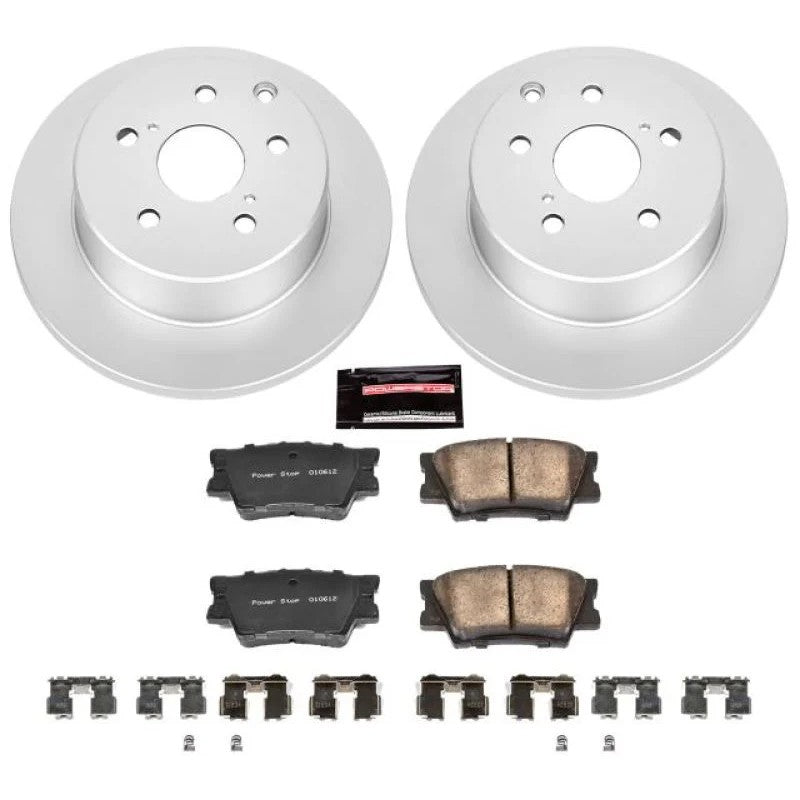 Power Stop CRK4671 Z17 Evolution rear brake kit with two silver coated rotors, ceramic pads, and hardware clips.