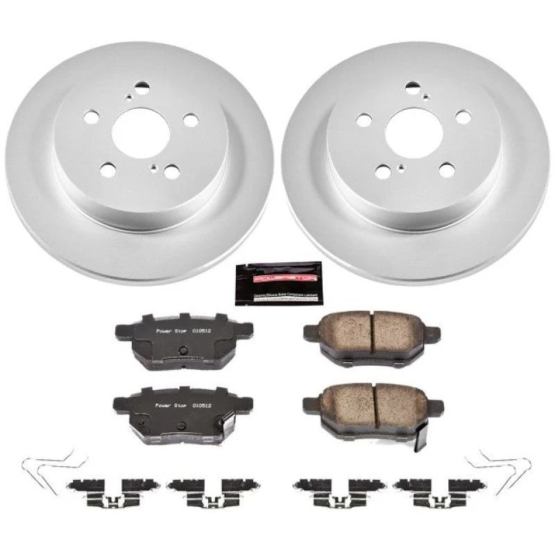 Power Stop Z17 Evolution rear brake kit with two silver Geomet coated rotors, ceramic pads, and hardware kit.