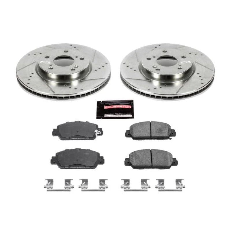 Power Stop Z23 Evolution Sport front brake kit with drilled and slotted rotors and carbon-fiber ceramic pads.