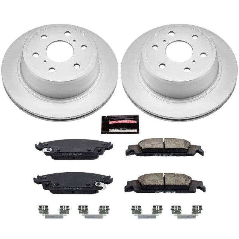 Power Stop CRK6562 Z17 Evolution Geomet coated rear brake rotors, ceramic pads, and stainless steel hardware.